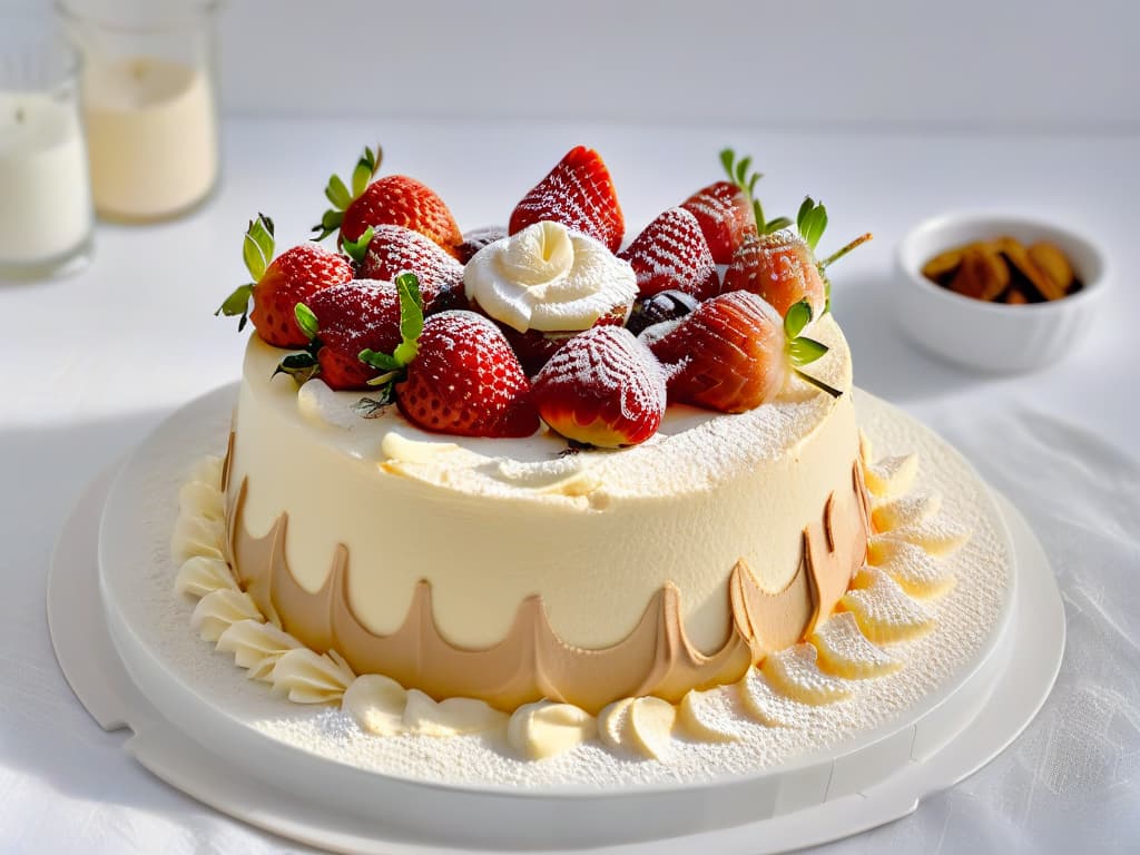  A highresolution, minimalist image of a beautifully crafted tres leches cake adorned with fresh strawberries and a light dusting of powdered sugar on a sleek, white platter. The cake sits elegantly on a marble countertop, with soft natural light cascading over it, highlighting its moist layers and delicate decorations. The simplicity of the composition allows the viewer to focus on the intricate details of the dessert, evoking a sense of indulgence and sophistication. hyperrealistic, full body, detailed clothing, highly detailed, cinematic lighting, stunningly beautiful, intricate, sharp focus, f/1. 8, 85mm, (centered image composition), (professionally color graded), ((bright soft diffused light)), volumetric fog, trending on instagram, trending on tumblr, HDR 4K, 8K