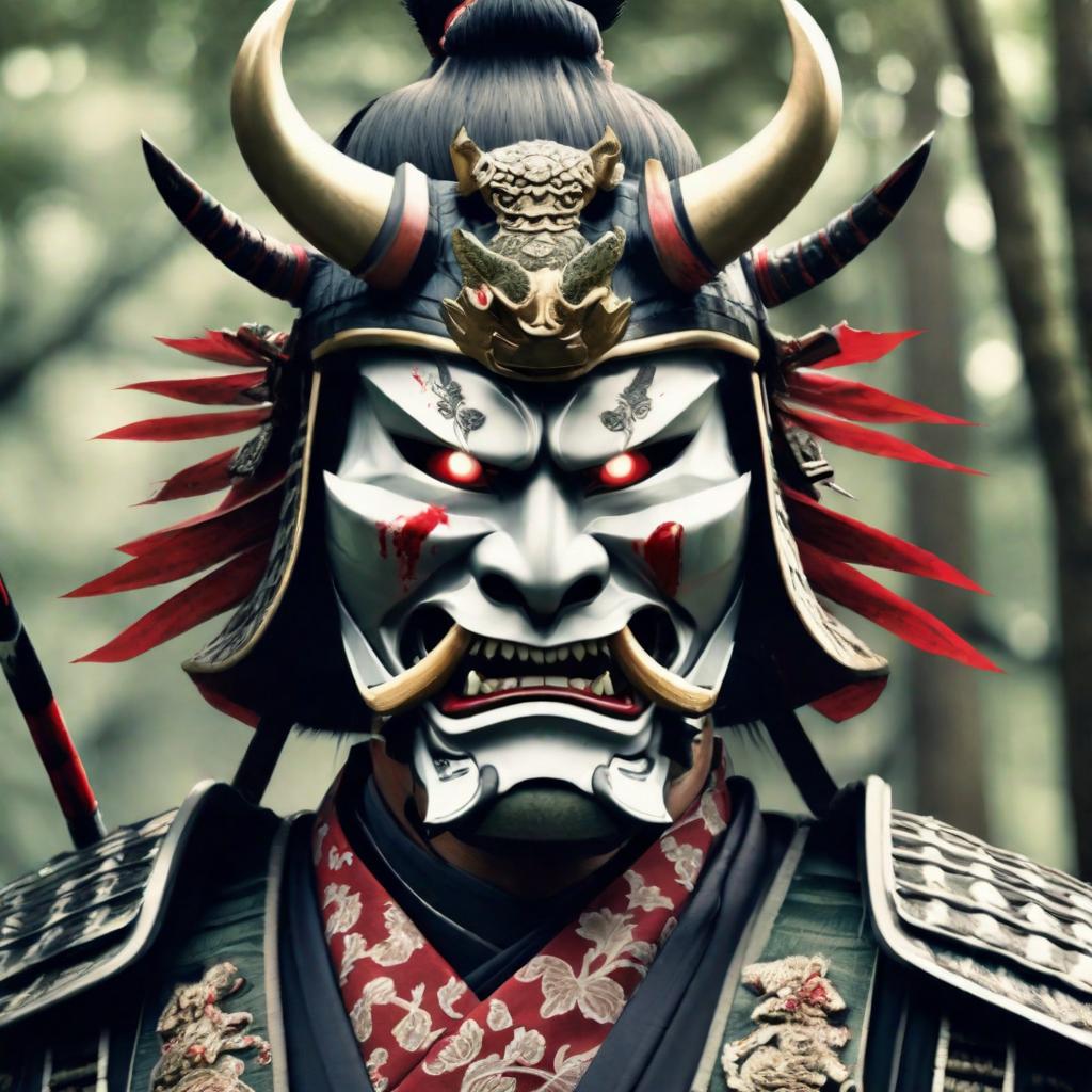  {Samurai} adorned in traditional armor, wearing an ominous {Oni Mask}, wielding a blood-drenched katana with a menacing expression, deep within a mystical forest. The image type is digital illustration, combining elements of ancient Japanese mythology and hyperrealistic details. The oni mask should have supernatural features, blending seamlessly with the samurai's attire. The forest setting is enchanted, with ethereal lighting and magical elements. The camera shot is a close-up, using a 35mm lens to capture dynamic angles. The resolution is 16K, ensuring hyper-detailed rendering of the fantastical scene. Art inspirations include traditional yokai illustrations and contemporary fantasy artists. Render style should emphasize the fusion of myt