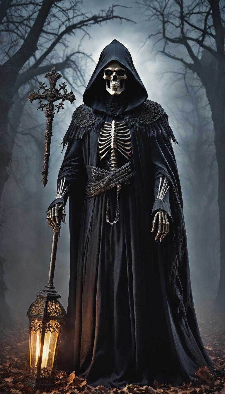  gothic style depiction of a grim reaper. Dark, mysterious, scary, haunting, dramatic, ornate, detailed. . dark, mysterious, haunting, dramatic, ornate, detailed, hyperrealistic, full body, detailed clothing, highly detailed, cinematic lighting, stunningly beautiful, intricate, sharp focus, f/1. 8, 85mm, (centered image composition), (professionally color graded), ((bright soft diffused light)), volumetric fog, trending on instagram, trending on tumblr, HDR 4K, 8K