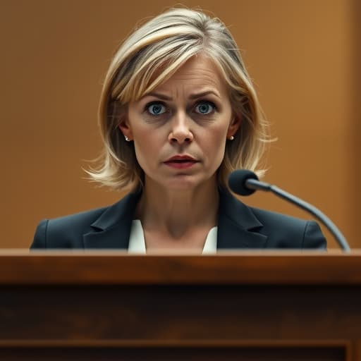  the face of a scared middle aged blond woman who stands at a podium defending herself in court in the style of tatsuro kiuchi, minimalism, simple v 6.1 s 750 hyperrealistic, full body, detailed clothing, highly detailed, cinematic lighting, stunningly beautiful, intricate, sharp focus, f/1. 8, 85mm, (centered image composition), (professionally color graded), ((bright soft diffused light)), volumetric fog, trending on instagram, trending on tumblr, HDR 4K, 8K