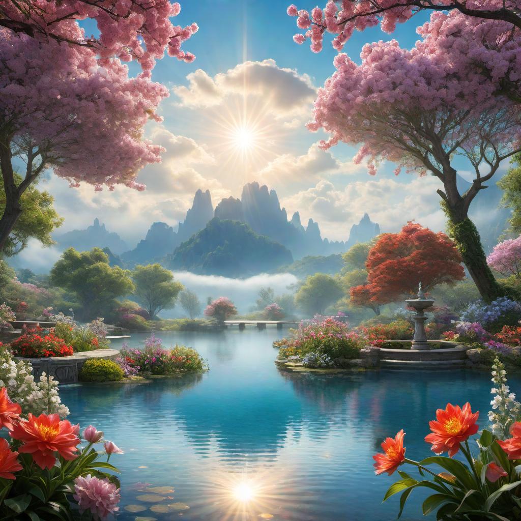  Draw an interpretation of heaven with a tranquil and serene scenery, featuring fluffy clouds, rays of divine light shining through, with angels and harps, a crystal blue pond reflecting the ethereal glow, and an array of vibrant flowers blooming effortlessly. hyperrealistic, full body, detailed clothing, highly detailed, cinematic lighting, stunningly beautiful, intricate, sharp focus, f/1. 8, 85mm, (centered image composition), (professionally color graded), ((bright soft diffused light)), volumetric fog, trending on instagram, trending on tumblr, HDR 4K, 8K