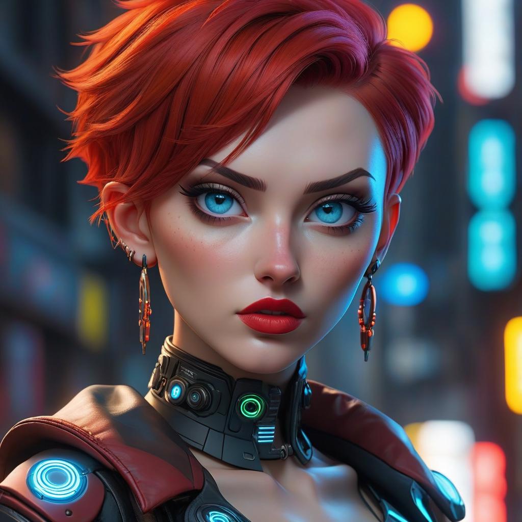  cyberpunk game style A girl with short red hair. Earrings in her ears. A septum piercing on her nose. Blue eyes. Spring shoes under her eyes. . neon, dystopian, futuristic, digital, vibrant, detailed, high contrast, reminiscent of cyberpunk genre video games hyperrealistic, full body, detailed clothing, highly detailed, cinematic lighting, stunningly beautiful, intricate, sharp focus, f/1. 8, 85mm, (centered image composition), (professionally color graded), ((bright soft diffused light)), volumetric fog, trending on instagram, trending on tumblr, HDR 4K, 8K