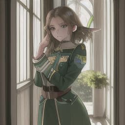 Elf  with light brown hair, tied in a id, light green eyes, with a very pretty expression, has a magical green  uniform, she is in a  corridor near a window