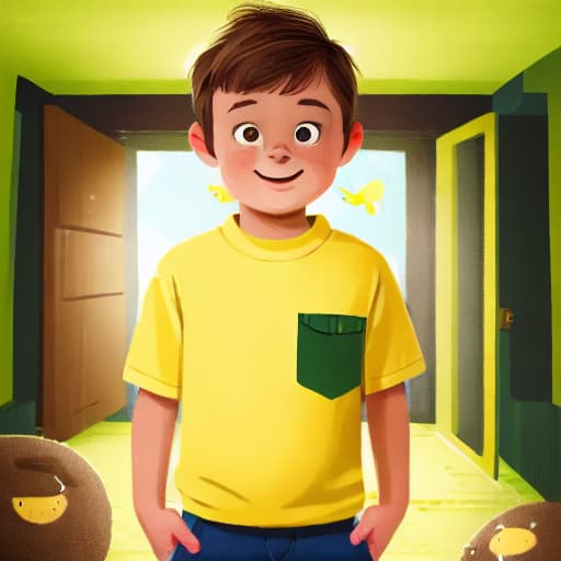  (best quality:1.5), (realistic:1.0), 1boy, short brown hair, yellow shirt, green pants, in the cabin, dim light, cozy