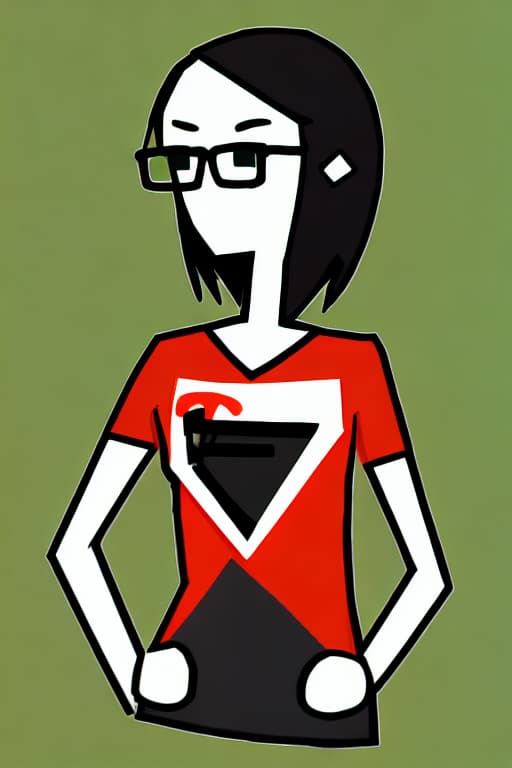  Geeky, stick figure, has anxious strained frown face, stringy straight black medium length hair, wearing a generic nondescript triangle dress outfit, with cape, afraid, nerdy, no symbol on-dress, plain mask over eyes, standing forward in a power pose, cartoon I