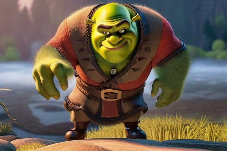  Shrek with Rivia hyperrealistic, full body, detailed clothing, highly detailed, cinematic lighting, stunningly beautiful, intricate, sharp focus, f/1. 8, 85mm, (centered image composition), (professionally color graded), ((bright soft diffused light)), volumetric fog, trending on instagram, trending on tumblr, HDR 4K, 8K