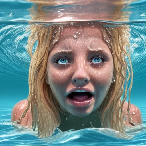  tanned blonde woman drowning in the water her nose is above water and the rest of the body is under water she's panic and screaming