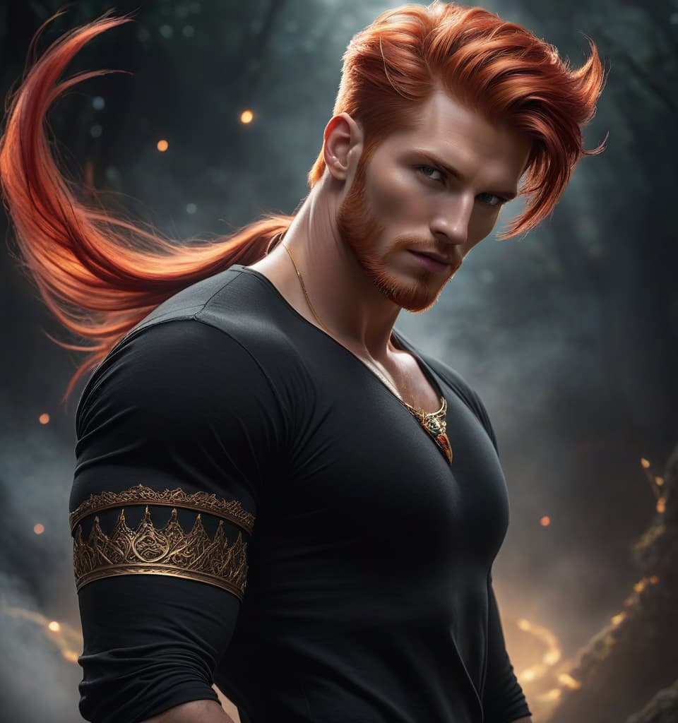  ethereal fantasy concept art of A red haired man in a black shirt. . magnificent, celestial, ethereal, painterly, epic, majestic, magical, fantasy art, cover art, dreamy hyperrealistic, full body, detailed clothing, highly detailed, cinematic lighting, stunningly beautiful, intricate, sharp focus, f/1. 8, 85mm, (centered image composition), (professionally color graded), ((bright soft diffused light)), volumetric fog, trending on instagram, trending on tumblr, HDR 4K, 8K