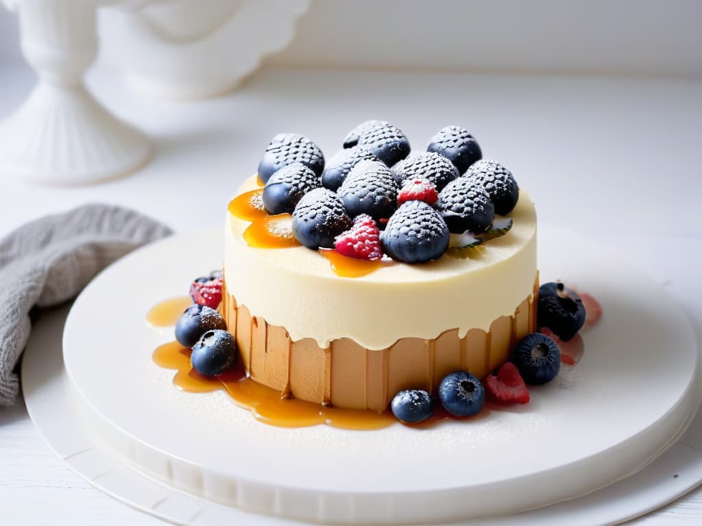  An ultradetailed image of a beautifully crafted, minimalist dessert featuring layers of delicate sponge cake, adorned with fresh berries, drizzled with a glossy glaze made from natural sweeteners like honey or maple syrup. The dessert is elegantly presented on a sleek, white plate, set against a soft, blurred background to emphasize the intricate textures and vibrant colors of the dish. hyperrealistic, full body, detailed clothing, highly detailed, cinematic lighting, stunningly beautiful, intricate, sharp focus, f/1. 8, 85mm, (centered image composition), (professionally color graded), ((bright soft diffused light)), volumetric fog, trending on instagram, trending on tumblr, HDR 4K, 8K