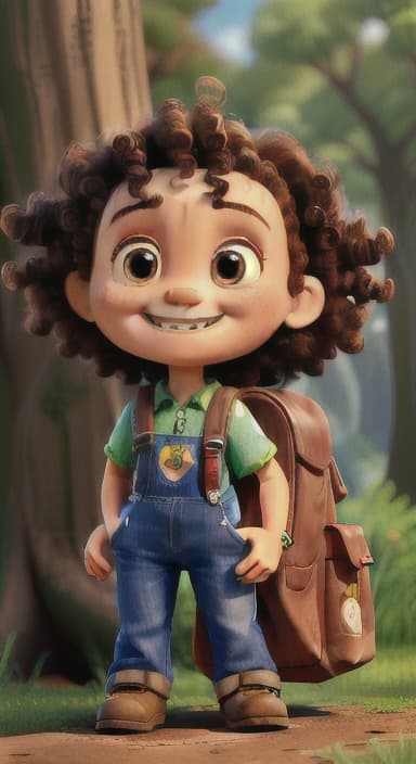  {The tree with a smiling face formed by its bark, looking down at Riley., Riley, a curious with big brown eyes and curly hair, wearing overalls and carrying a small backpack. Their friend, Skye, a bluebird with shiny feathers.