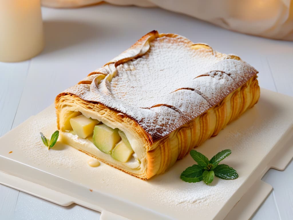  An ultradetailed image of a traditional Viennese apple strudel freshly baked, with layers of thin, goldenbrown pastry enveloping a warm, gooey apple filling. The strudel is dusted with a light sprinkling of powdered sugar and served on a delicate porcelain plate, accompanied by a dollop of freshly whipped cream and a sprig of vibrant mint for garnish. The lighting is soft, casting gentle shadows that highlight the flaky texture of the pastry and the juicy tenderness of the apples within. hyperrealistic, full body, detailed clothing, highly detailed, cinematic lighting, stunningly beautiful, intricate, sharp focus, f/1. 8, 85mm, (centered image composition), (professionally color graded), ((bright soft diffused light)), volumetric fog, trending on instagram, trending on tumblr, HDR 4K, 8K