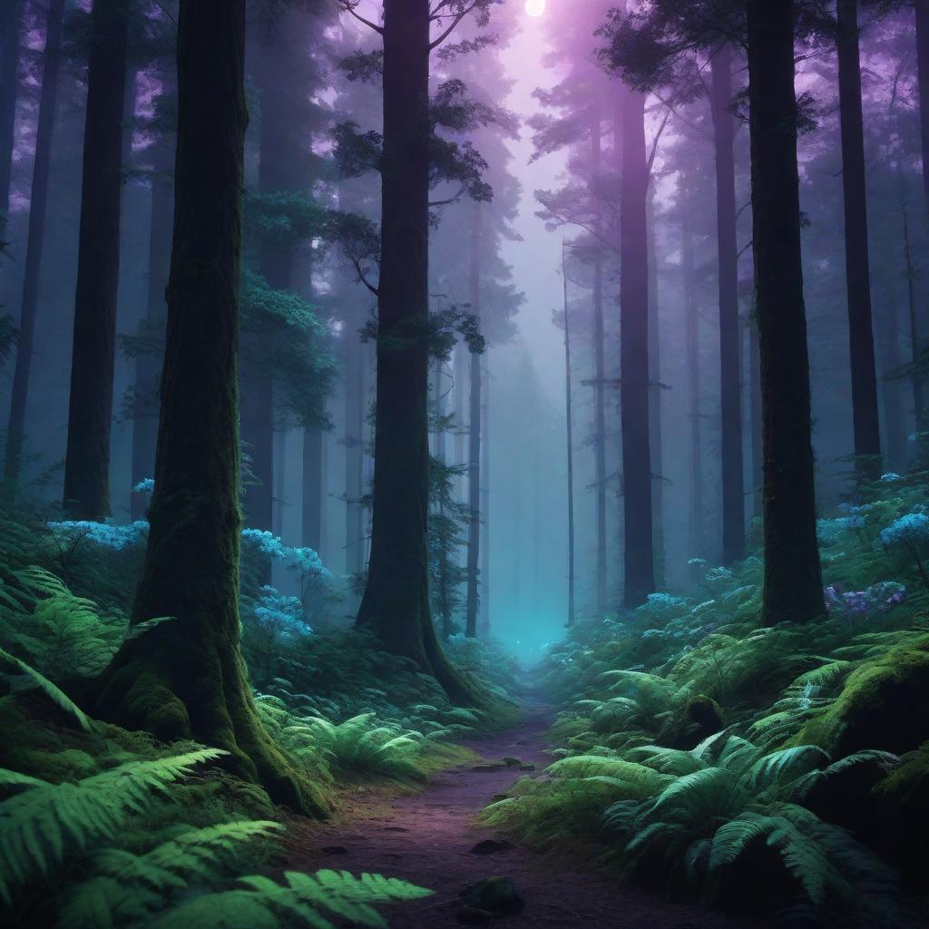  Create an animated style artwork for a type beat with a forest theme that maintains chill and somber vibes. Illustrate a stylized, cartoon-like forest with exaggerated features such as larger-than-life trees, softly glowing fireflies, and a mystical, moonlit ambiance. Use a color palette that blends purples, blues, and dark greens to give a sense of nighttime whimsy. Add quirky and bold text 'Enchanted Forest Beat' in a font that matches the animated aesthetic. hyperrealistic, full body, detailed clothing, highly detailed, cinematic lighting, stunningly beautiful, intricate, sharp focus, f/1. 8, 85mm, (centered image composition), (professionally color graded), ((bright soft diffused light)), volumetric fog, trending on instagram, trending on tumblr, HDR 4K, 8K