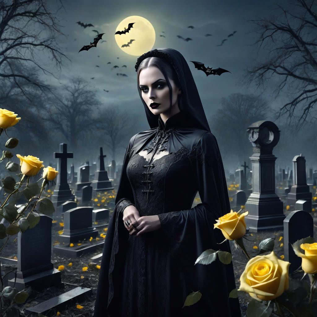  macabre style A giant vortex, an abandoned cemetery, bats, yellow roses, dewdrops on petals, soft moonlight, a highly detailed image with double exposure, a distant backdrop, a backdrop of dark tones: realism, high quality. . dark, gothic, grim, haunting, highly detailed hyperrealistic, full body, detailed clothing, highly detailed, cinematic lighting, stunningly beautiful, intricate, sharp focus, f/1. 8, 85mm, (centered image composition), (professionally color graded), ((bright soft diffused light)), volumetric fog, trending on instagram, trending on tumblr, HDR 4K, 8K