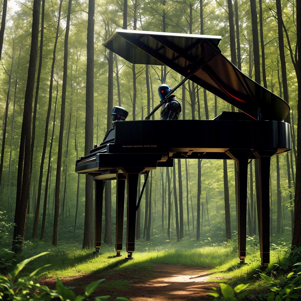  in a dystopian setting, An anthropomorphic robot playing a grand piano in a sunlit, serene forest clearing