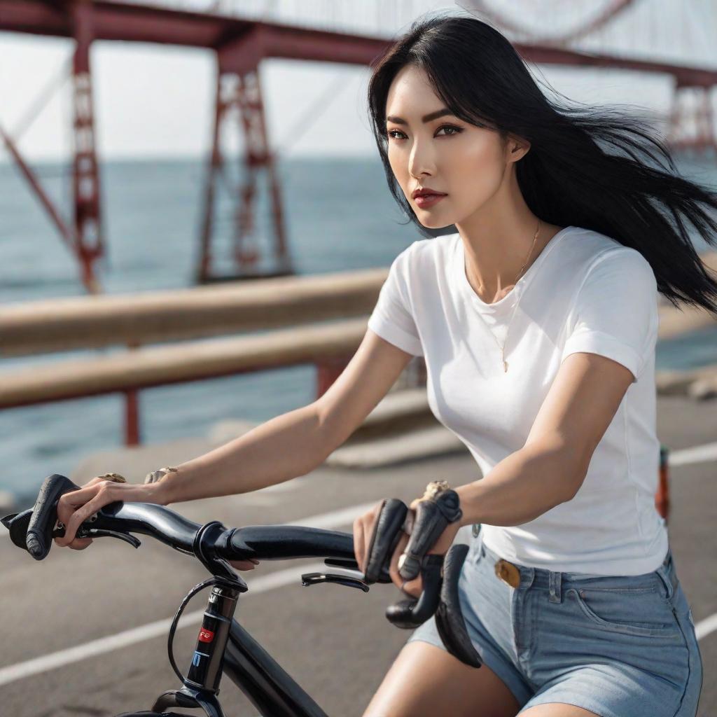  A young japanese with straight black hair, wearing white t-shirt and jeans over her racing bicycle. The background is at the seaside hyperrealistic, full body, detailed clothing, highly detailed, cinematic lighting, stunningly beautiful, intricate, sharp focus, f/1. 8, 85mm, (centered image composition), (professionally color graded), ((bright soft diffused light)), volumetric fog, trending on instagram, trending on tumblr, HDR 4K, 8K