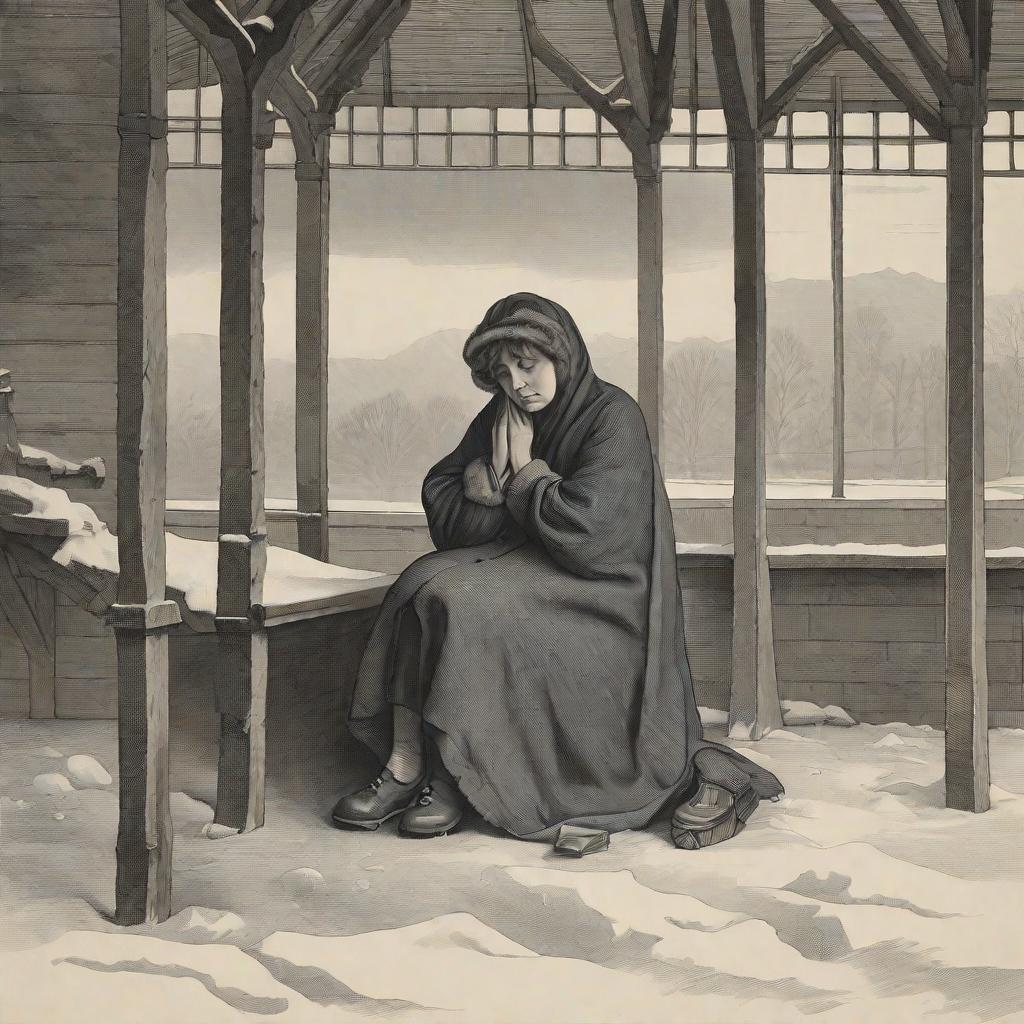  A cold woman sat in the pavilion with her head bowed and her face sad