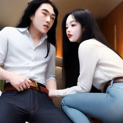  oriental girl long black hair she in dark deep blue flare jeans, best classic jeans with belt and classic white shirt nature east ornament make flirt jeans destroy whith one girl and two men