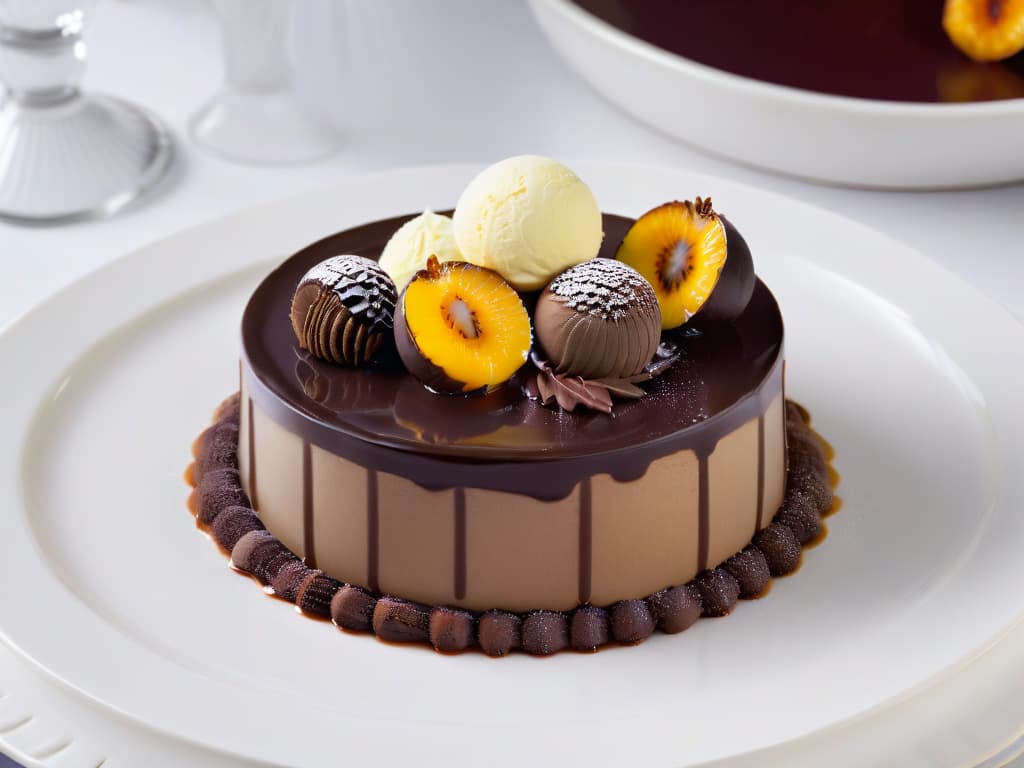  A closeup, photorealistic image of a decadent dessert showcasing a perfect balance of contrasting flavors. The dessert is elegantly plated with layers of rich dark chocolate ganache, tangy passion fruit coulis, and creamy vanilla bean ice cream. The glossy chocolate glaze reflects the ambient light, enhancing the visual appeal of the dessert. The intricate details of the dessert's components are highlighted, inviting the viewer to savor the harmonious combination of bold and delicate flavors. hyperrealistic, full body, detailed clothing, highly detailed, cinematic lighting, stunningly beautiful, intricate, sharp focus, f/1. 8, 85mm, (centered image composition), (professionally color graded), ((bright soft diffused light)), volumetric fog, trending on instagram, trending on tumblr, HDR 4K, 8K