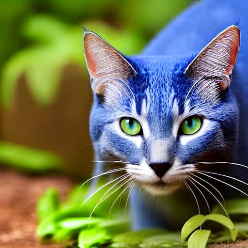  blue cat in garden hyperrealistic, full body, detailed clothing, highly detailed, cinematic lighting, stunningly beautiful, intricate, sharp focus, f/1. 8, 85mm, (centered image composition), (professionally color graded), ((bright soft diffused light)), volumetric fog, trending on instagram, trending on tumblr, HDR 4K, 8K