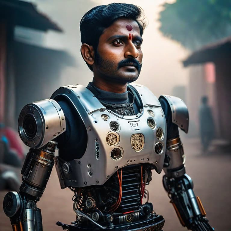  An Indian man with robotic prosthetics in face and hand hyperrealistic, full body, detailed clothing, highly detailed, cinematic lighting, stunningly beautiful, intricate, sharp focus, f\/1. 8, 85mm, (centered image composition), (professionally color graded), ((bright soft diffused light)), volumetric fog, trending on instagram, trending on tumblr, HDR 4K, 8K