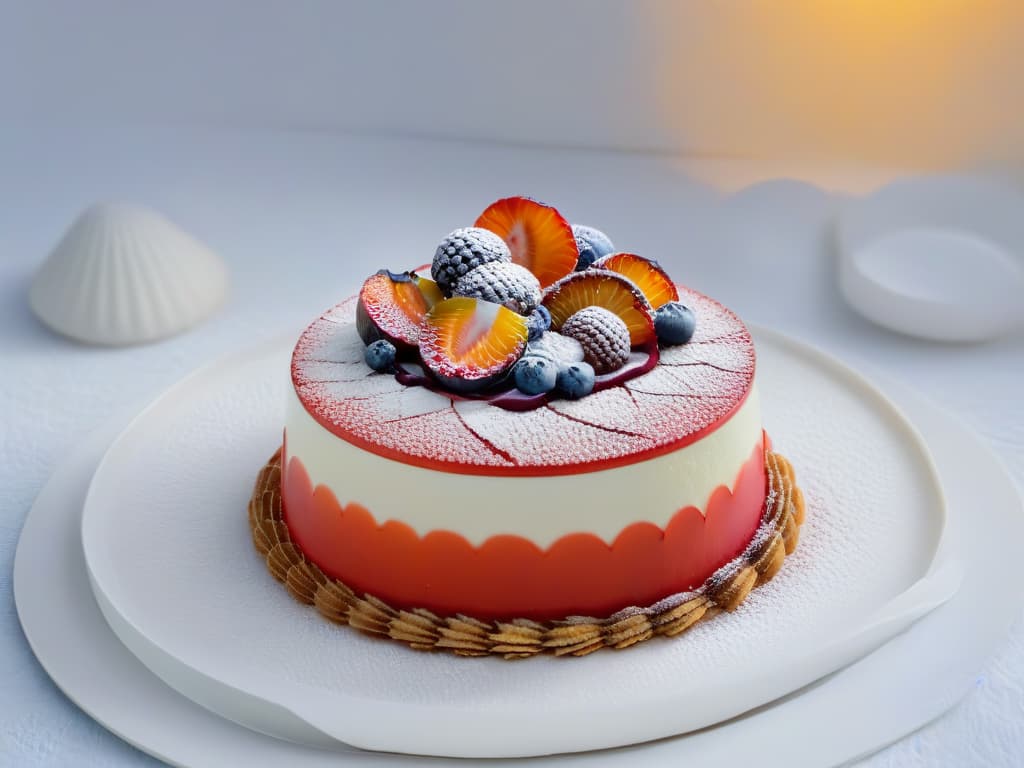  A closeup, ultradetailed image of a modern, globally inspired holiday dessert beautifully presented on a sleek, minimalist plate. The dessert features intricate layers of vibrant colors and textures, showcasing elements from various cultures around the world. The lighting is soft, highlighting the dessert's artistic details and inviting the viewer to appreciate the fusion of flavors and traditions in a visually appealing way. hyperrealistic, full body, detailed clothing, highly detailed, cinematic lighting, stunningly beautiful, intricate, sharp focus, f/1. 8, 85mm, (centered image composition), (professionally color graded), ((bright soft diffused light)), volumetric fog, trending on instagram, trending on tumblr, HDR 4K, 8K