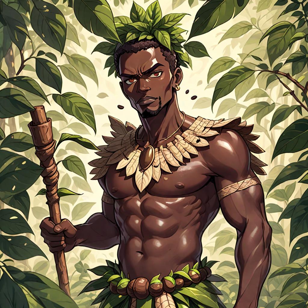  anime style artwork, (masterpiece:1.1), (highest quality:1.1), In a mystical land where coffee beans grow on towering trees, an African man with chiseled features and a fierce expression serves as the protector of the precious crop. He wears a traditional garment made of woven coffee leaves and carries a staff crafted from a coffee branch. His skin is the color of rich, dark roast, and his eyes gleam with the intensity of freshly brewed coffee. He guards the coffee groves with unwavering dedication, ensuring that the beans are harvested and roasted with the utmost care and respect. His devotion to the coffee plant is matched only by his love for the aromatic beverage, and he is known far and wide as the Brown Coffee Fantasy Land African Man