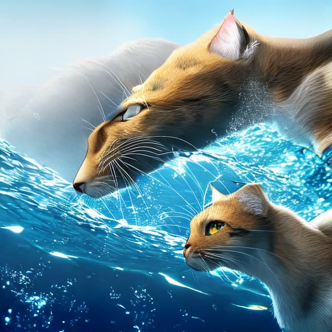  a cute cat is swimming on the sea, high quality hyperrealistic, full body, detailed clothing, highly detailed, cinematic lighting, stunningly beautiful, intricate, sharp focus, f/1. 8, 85mm, (centered image composition), (professionally color graded), ((bright soft diffused light)), volumetric fog, trending on instagram, trending on tumblr, HDR 4K, 8K