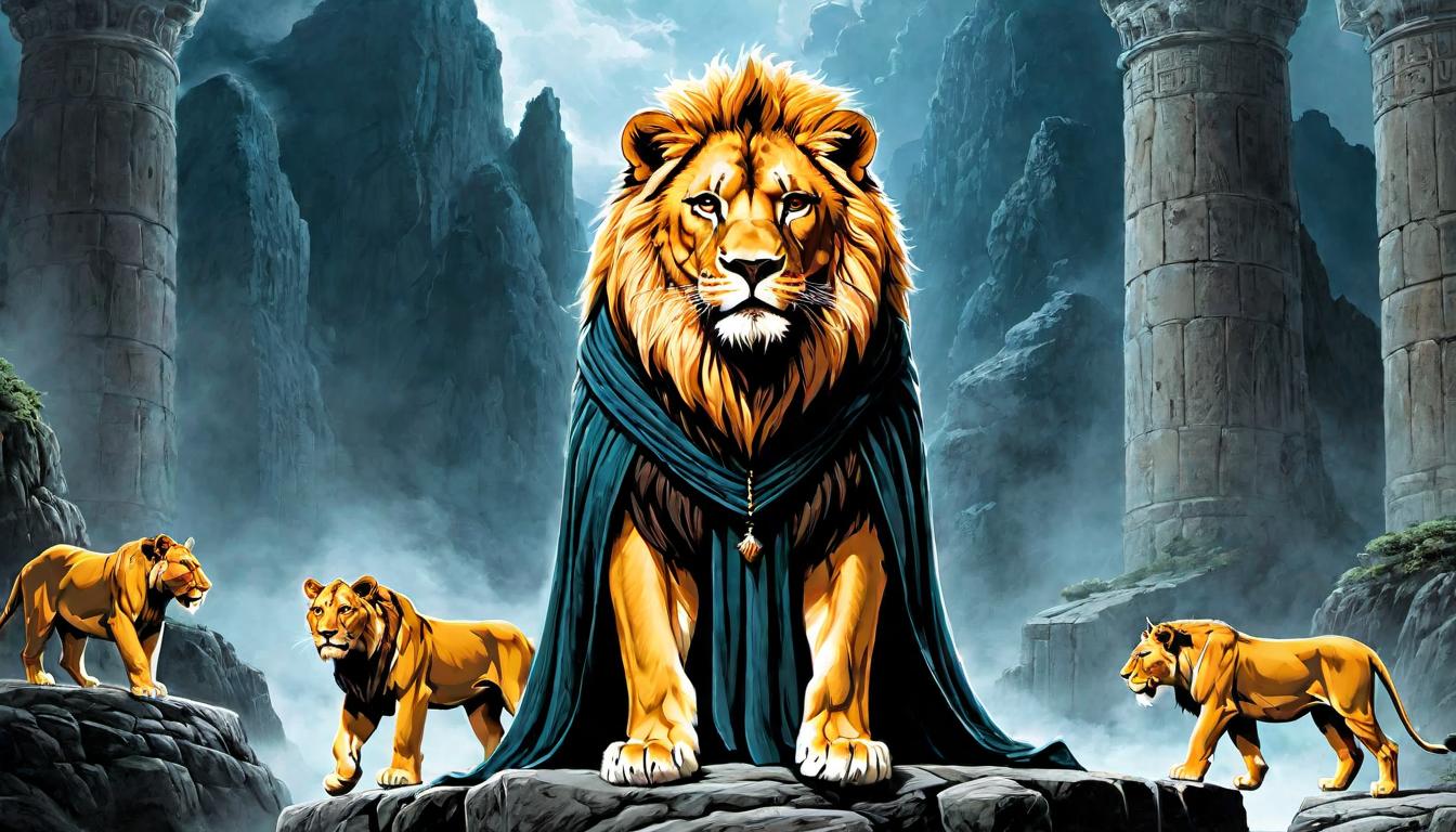  （surrealism)Daniel, cloaked in ancient robes, standing firm amidst ferocious lions, lions with expressive eyes, den walls rugged with stone, calm demeanor, unwavering faith mystic, intricate details, best quality)