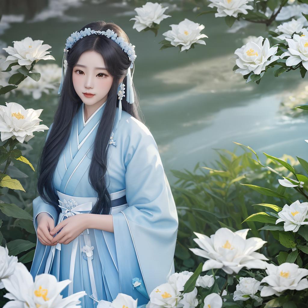  masterpiece, best quality, (fidelity:1.4), best quality, masterpiece, super high resolution, poster, fantasy art, very detailed face, 8k resolution, chinese style, mother and , front face, big s , quiet, light blue hanfu, teled coat, black long hair, light blue tulle hair accessory, hairpin, white ribbon, white flower bush, light blue erfly fly, movie lighting effect