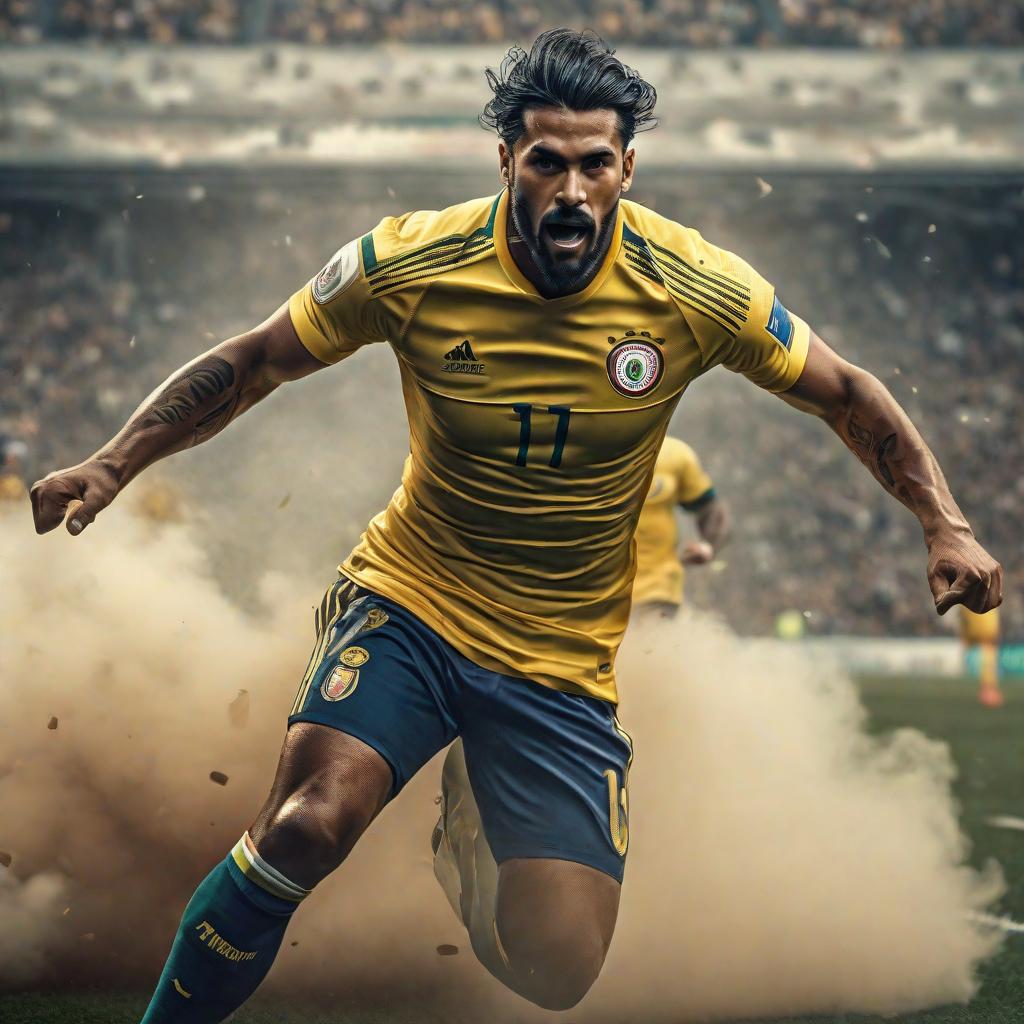  Aguate dorado corriendo de futboliista hyperrealistic, full body, detailed clothing, highly detailed, cinematic lighting, stunningly beautiful, intricate, sharp focus, f/1. 8, 85mm, (centered image composition), (professionally color graded), ((bright soft diffused light)), volumetric fog, trending on instagram, trending on tumblr, HDR 4K, 8K