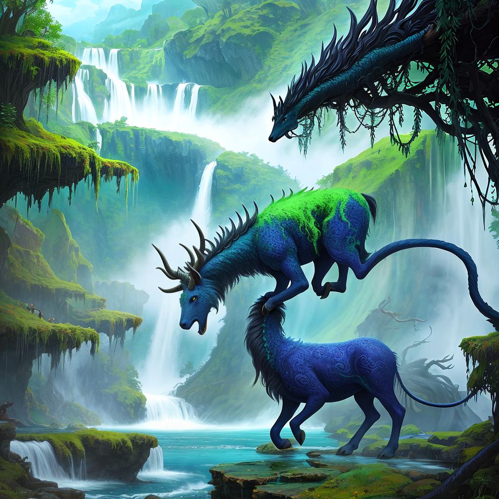  in a fantasy setting, Paint a surreal landscape where mythical beasts roam amidst cascading waterfalls.