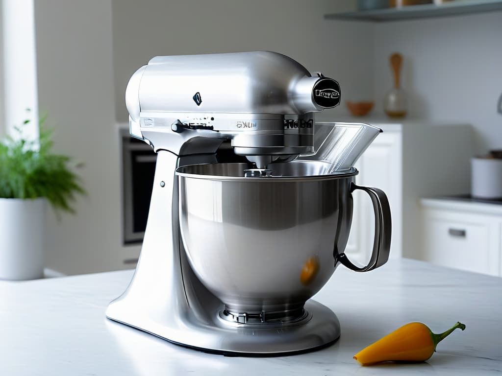  An ultradetailed closeup of a sleek, modern stand mixer in a pristine white kitchen setting, capturing the intricate details of the machine's stainless steel bowl, precise speed settings, and elegant design. hyperrealistic, full body, detailed clothing, highly detailed, cinematic lighting, stunningly beautiful, intricate, sharp focus, f/1. 8, 85mm, (centered image composition), (professionally color graded), ((bright soft diffused light)), volumetric fog, trending on instagram, trending on tumblr, HDR 4K, 8K