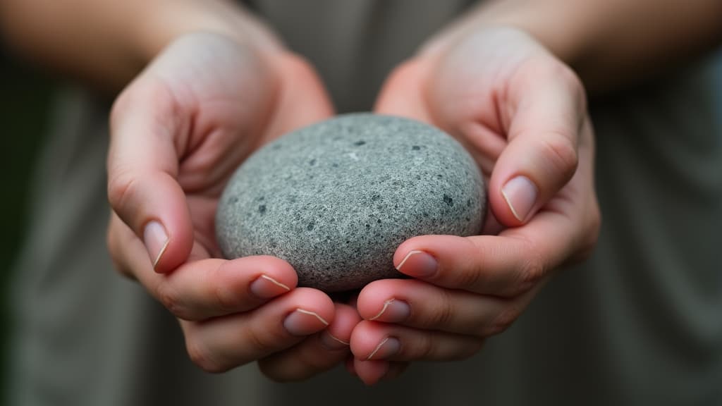  good quality, high quality, close up of a person's hand holding a smooth stone, showcasing the contrast between the skin and the stone's texture. the background is minimal to highlight the hand and stone