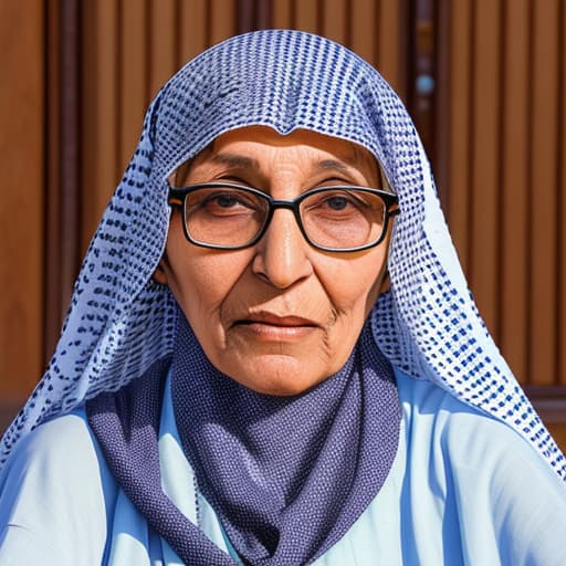  Generate an image of an Arabian grandmother from Jeddah, Saudi Arabia, wearing Hijab and glasses. The photo should capture her from the front, highlighting her traditional attire and reflecting the cultural essence of the Hijaz region.