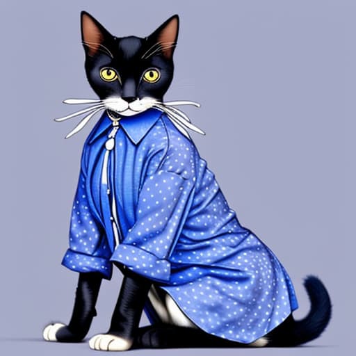  Create a well dressed cat in drip clothing black and blue , clothing written "Mwana Wevhu"