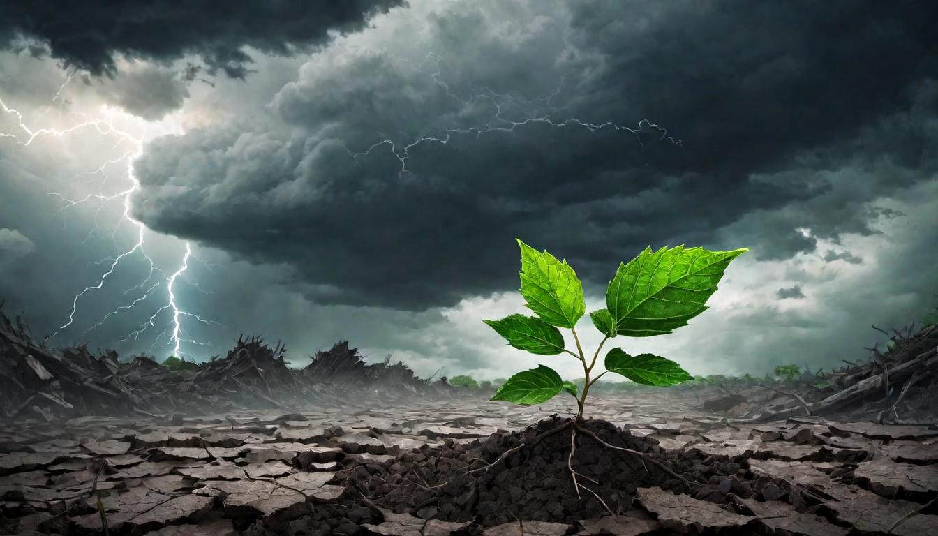  digital illustration A seedling breaking through cracked earth, green leaves against a stormy sky, embodying the essential role of healers in crises, emerging, vital looking at viewer, dynamic pose, (intricate details, masterpiece, best quality)