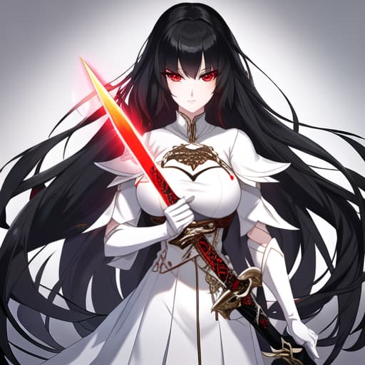  a girl manhua character with black hair and red eyes with white skin wearing knite dress and carrying a sword hyperrealistic, full body, detailed clothing, highly detailed, cinematic lighting, stunningly beautiful, intricate, sharp focus, f/1. 8, 85mm, (centered image composition), (professionally color graded), ((bright soft diffused light)), volumetric fog, trending on instagram, trending on tumblr, HDR 4K, 8K