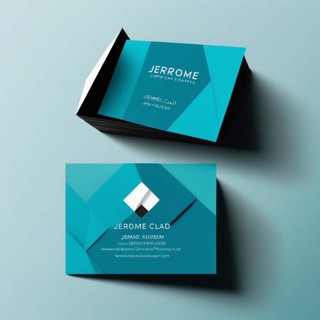  (origami style), Business card, artsy, with the written text “JEROME CLAD”, blue and teal colors