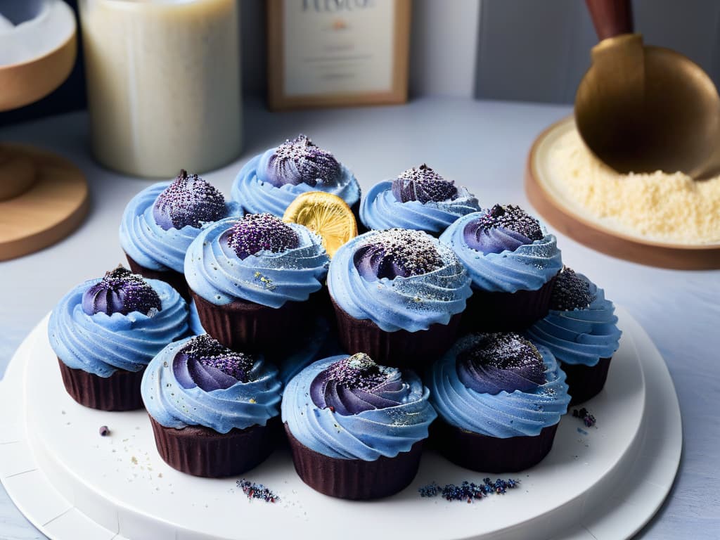  An ultradetailed image of a pristine, minimalist kitchen countertop adorned with a stack of freshly baked blue corn muffins, each one delicately dusted with a sprinkle of gold flakes. The muffins exude a warm, inviting aroma, showcasing a perfect golden crust that contrasts beautifully with the rich blue hue of the cornmeal. Light streams in from a nearby window, casting a soft, ethereal glow on the scene, while a sleek marble mortar and pestle sits elegantly in the background, hinting at the artisanal process behind this modern take on traditional blue corn delicacies. hyperrealistic, full body, detailed clothing, highly detailed, cinematic lighting, stunningly beautiful, intricate, sharp focus, f/1. 8, 85mm, (centered image composition), (professionally color graded), ((bright soft diffused light)), volumetric fog, trending on instagram, trending on tumblr, HDR 4K, 8K