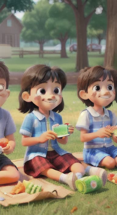  {Kids sitting around a picnic blanket, enjoying juice boxes and snacks., Children happily eating snacks, with crumbs on their faces and big smiles.