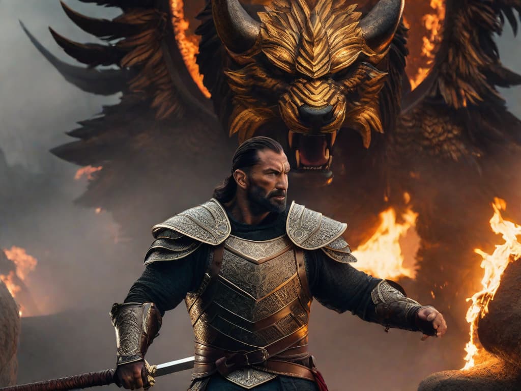  A promotional image for the upcoming live-action adaptation of 'Grendel' featuring Dave Bautista as Beowulf. Bautista stands in a heroic pose, clad in medieval armor, with a determined expression on his face. In the background, a misty, ominous landscape sets the stage for the epic tale.digital art, ilustration hyperrealistic, full body, detailed clothing, highly detailed, cinematic lighting, stunningly beautiful, intricate, sharp focus, f/1. 8, 85mm, (centered image composition), (professionally color graded), ((bright soft diffused light)), volumetric fog, trending on instagram, trending on tumblr, HDR 4K, 8K