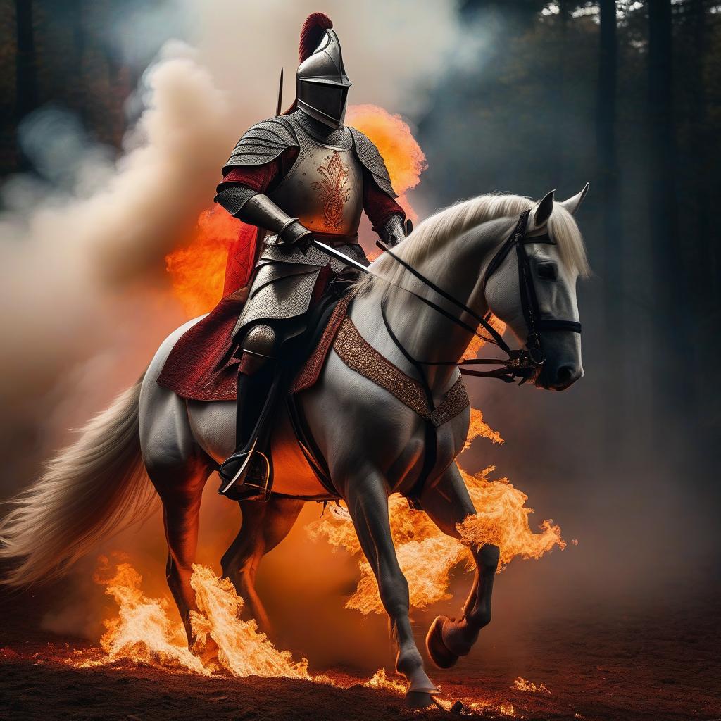  A fiery knight on a fiery horse, with a sword and shield around the fire. hyperrealistic, full body, detailed clothing, highly detailed, cinematic lighting, stunningly beautiful, intricate, sharp focus, f/1. 8, 85mm, (centered image composition), (professionally color graded), ((bright soft diffused light)), volumetric fog, trending on instagram, trending on tumblr, HDR 4K, 8K