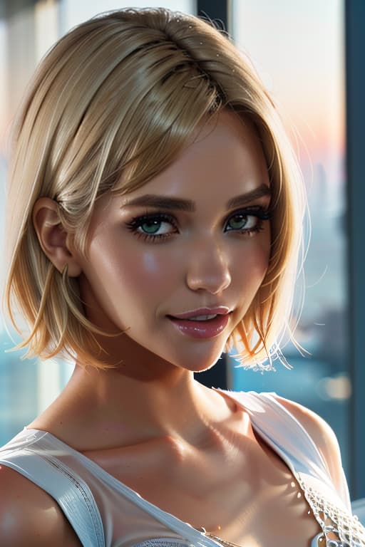  1girl,1girl,blonde short hair,straight hair,upper body shot,shirt,smile hyperrealistic, full body, detailed clothing, highly detailed, cinematic lighting, stunningly beautiful, intricate, sharp focus, f/1. 8, 85mm, (centered image composition), (professionally color graded), ((bright soft diffused light)), volumetric fog, trending on instagram, trending on tumblr, HDR 4K, 8K