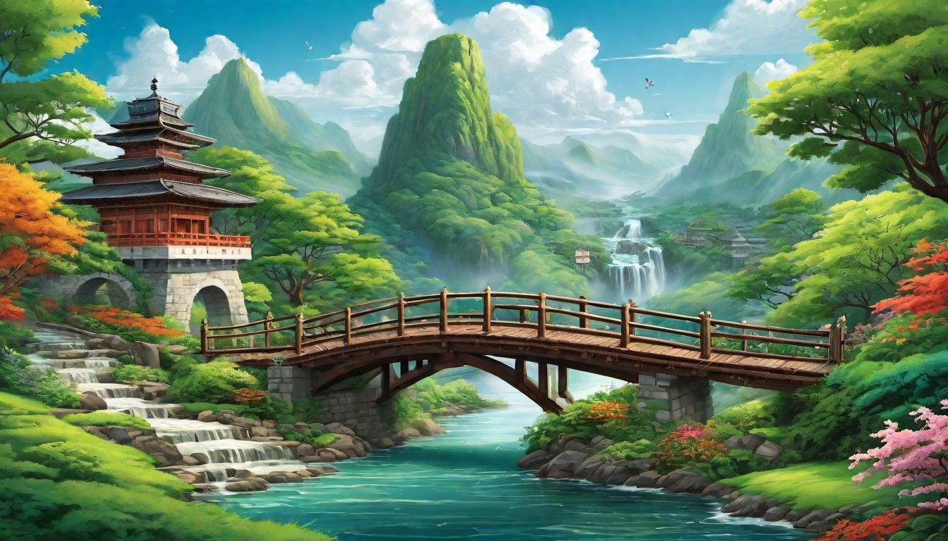  digital illustration A bridge spanning between traditional medical buildings and a lush green landscape with meditation and yoga, transcending healthcare boundaries, bridging, expansive looking at viewer, dynamic pose, (intricate details, masterpiece, best quality)