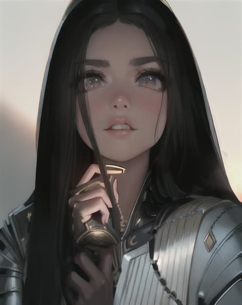  ((best quality)), ((masterpiece)), (detailed), beautiful face, female warrior, (defiance512:1.2), big eyes, heavy black iron armor, detailed helmet, intense gaze, battle ready, contrasting soft skin, (lighting:1.2), close up portrait, 4:3 aspect ratio.