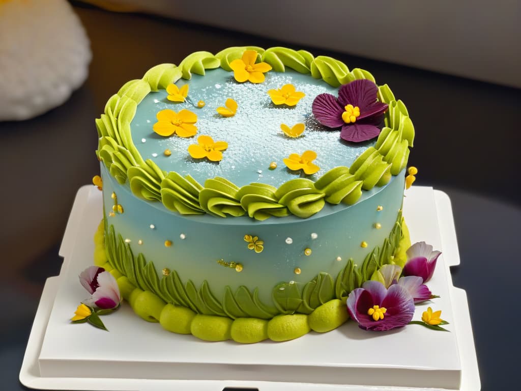  A closeup, ultradetailed image of a delicate, intricately decorated cake with vibrant, colorful frosting and edible flowers meticulously placed on top, showcasing the artistry and skill of a talented pastry chef. The image captures the fine details of the piping work, the shimmer of edible gold dust, and the precision of every element on the cake, inviting viewers to appreciate the beauty and craftsmanship of the pastry arts. hyperrealistic, full body, detailed clothing, highly detailed, cinematic lighting, stunningly beautiful, intricate, sharp focus, f/1. 8, 85mm, (centered image composition), (professionally color graded), ((bright soft diffused light)), volumetric fog, trending on instagram, trending on tumblr, HDR 4K, 8K