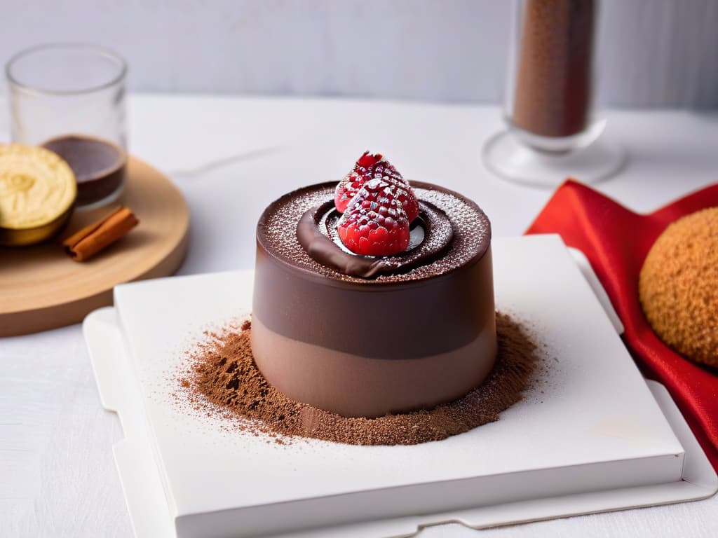  A minimalist image of a decadent chocolate mousse served in a delicate glass cup, topped with a sprinkle of cocoa powder and a fresh raspberry on the side. The background is a soft focus, showcasing the rich texture and glossy finish of the mousse, creating a luxurious and inviting visual for the readers. hyperrealistic, full body, detailed clothing, highly detailed, cinematic lighting, stunningly beautiful, intricate, sharp focus, f/1. 8, 85mm, (centered image composition), (professionally color graded), ((bright soft diffused light)), volumetric fog, trending on instagram, trending on tumblr, HDR 4K, 8K