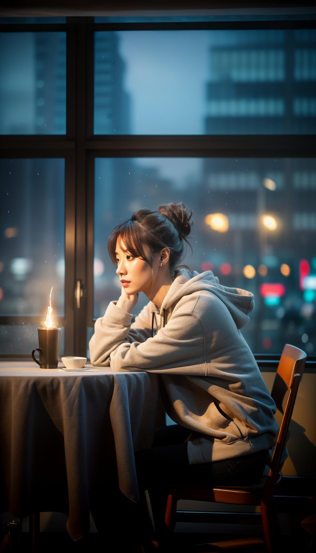  A realistic photo of a beautiful slim young Japanese woman, with light brown hair in a bun style, reading a book at a table in a modern cafe on a rainy winter morning, wearing a grey hoodie and black jeans, with the city illuminations visible through the window behind her. hyperrealistic, full body, detailed clothing, highly detailed, cinematic lighting, stunningly beautiful, intricate, sharp focus, f/1. 8, 85mm, (centered image composition), (professionally color graded), ((bright soft diffused light)), volumetric fog, trending on instagram, trending on tumblr, HDR 4K, 8K