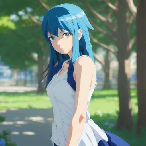  masterpiece. blurry background. loocing at viewers. 1girl. blue hair. Makoto Shinkai style. bangs. vibrant colors. 8K. high details. in the style skin of furry art. Ferrania p30. blue eyes. full body