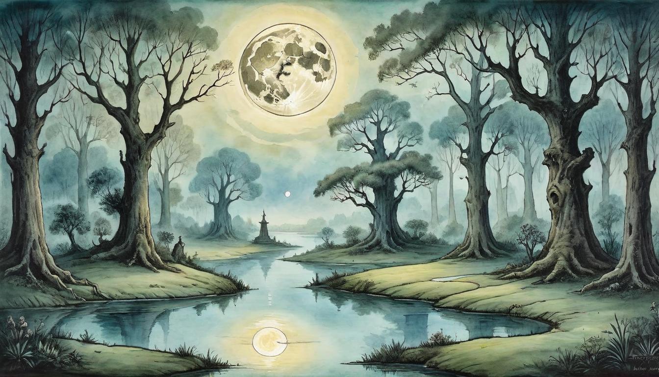  on parchment, surrealism+++, A tranquil pond reflecting the serene light of a full moon, surrounded by ancient trees, a metaphor for spiritual illumination and purity, tranquil, transcendent, pure enlightenment(mysterious, provocative, symbolic,muted color)+++